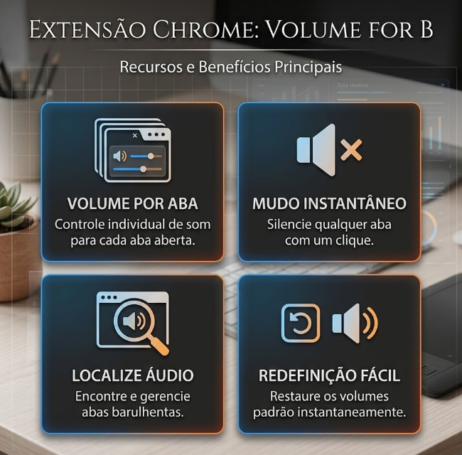 Overview of Volume for B's four key capabilities: per-tab volume, instant mute, audio locator, and easy reset